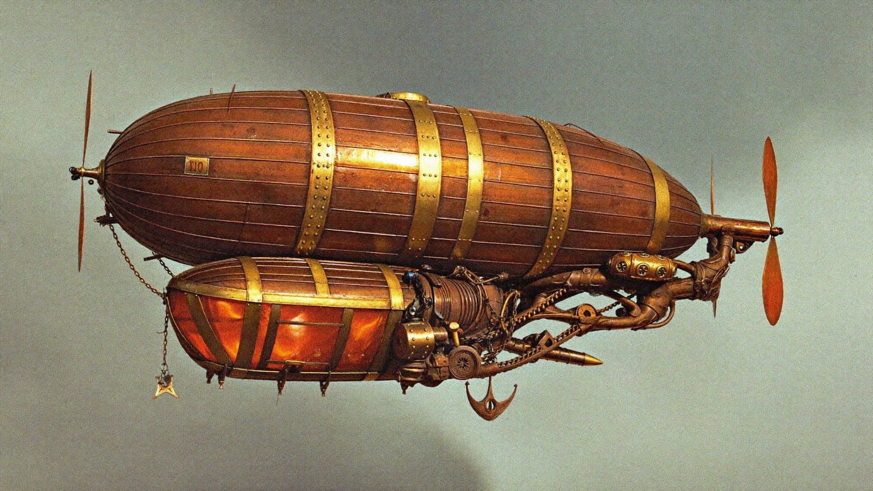 A copper-ribbed airship escort with a brass gondola in light fog.