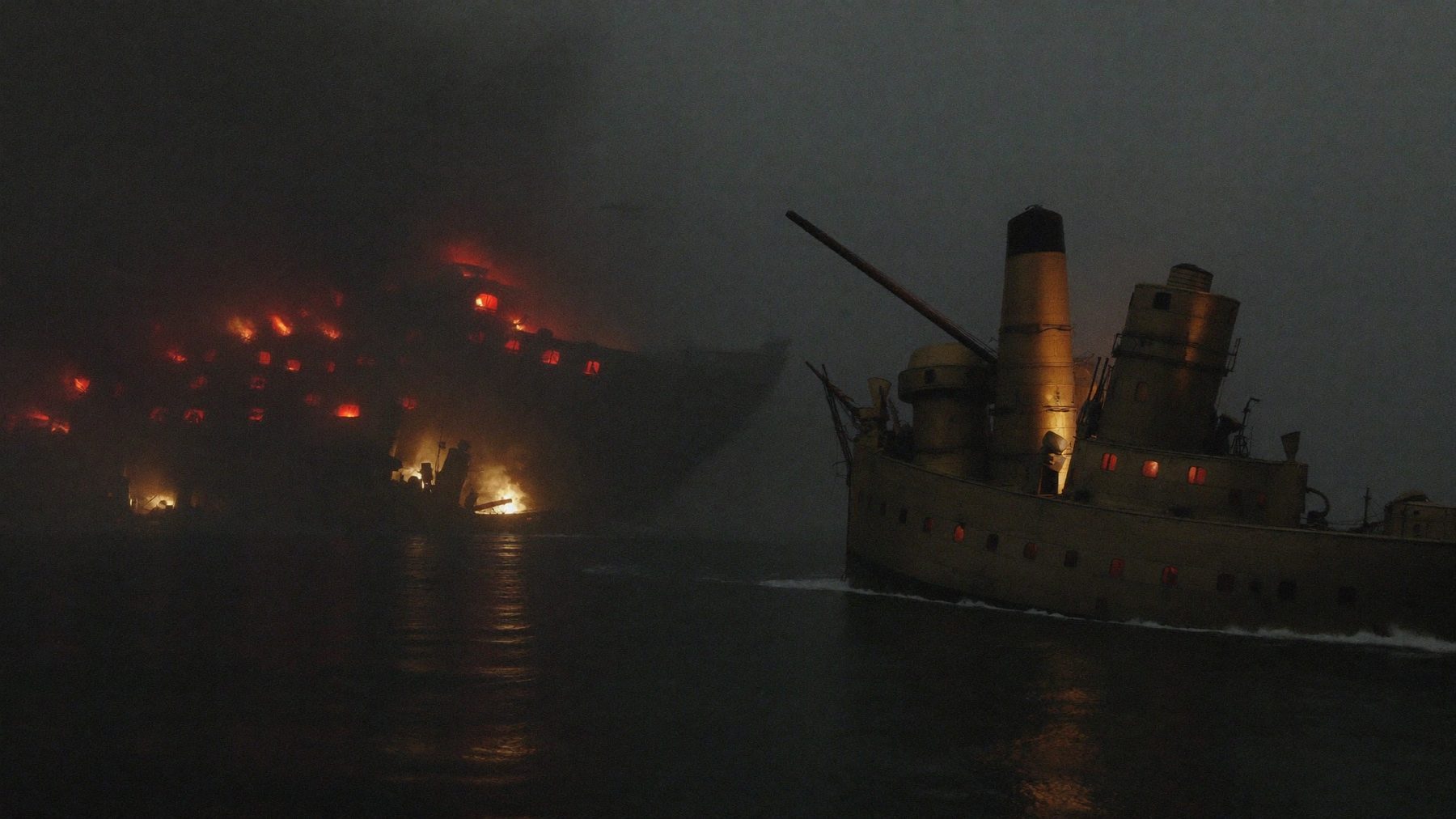 Night naval battle in heavy fog: a warm-lit gunboat in the foreground, the red-glowing leviathan mass behind.