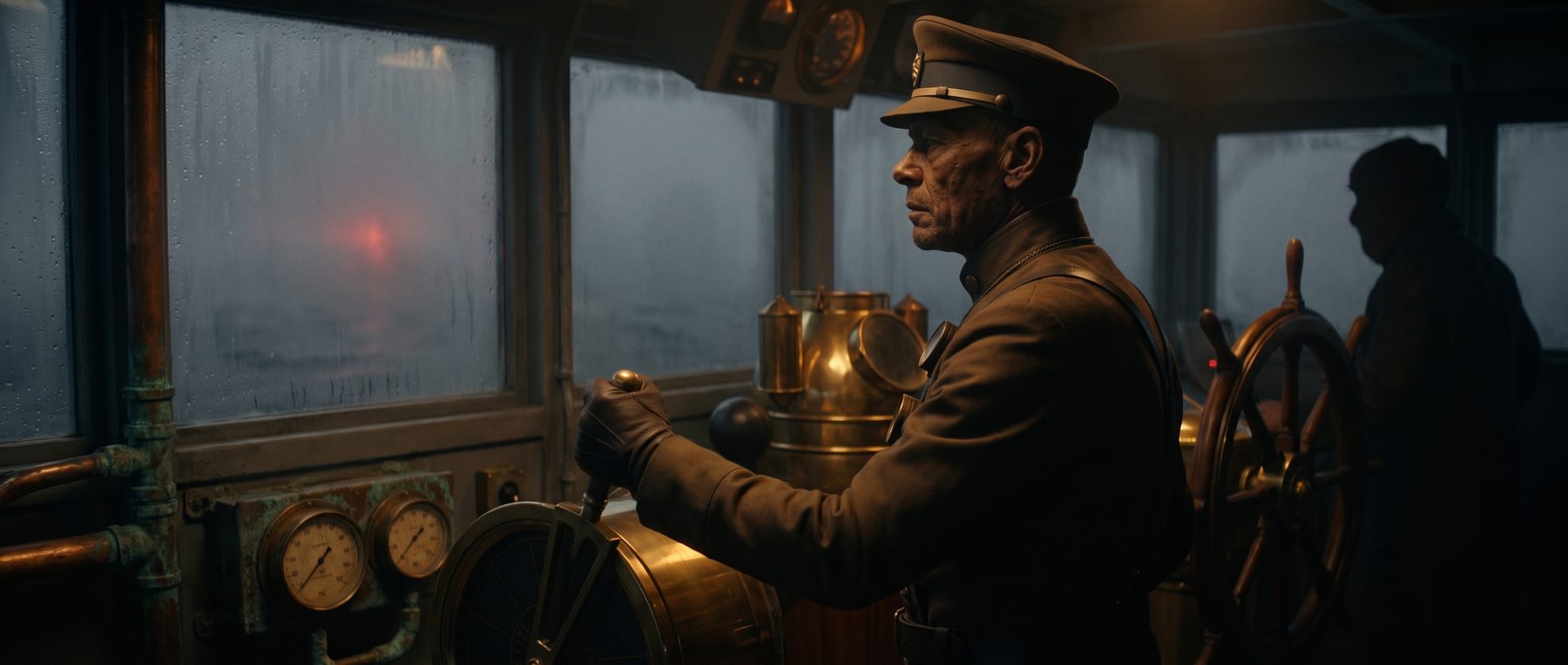 Inside the wheelhouse, over the Captain's shoulder: his hand on a brass lever, the red glow through fogged glass, the helmsman a silhouette.