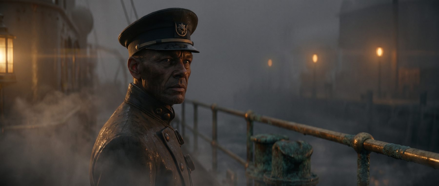 The Captain close, turned over his shoulder toward the stern as his ship leaves harbor; the dock lamps distant glows in fog.