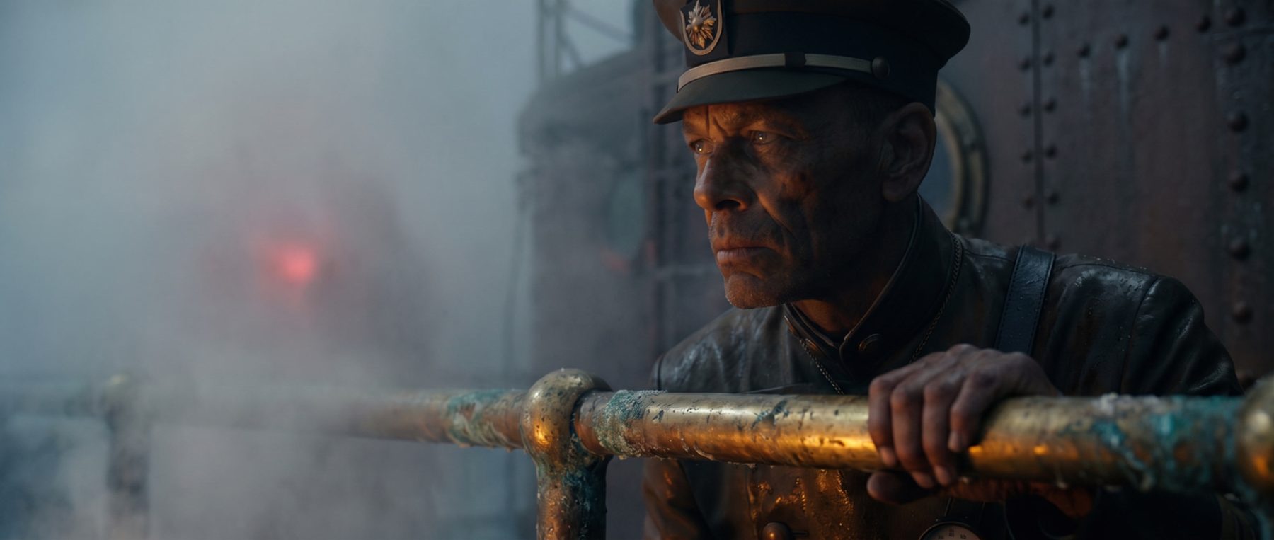 The Captain close at the brass rail, looking toward a red glow in the fog.