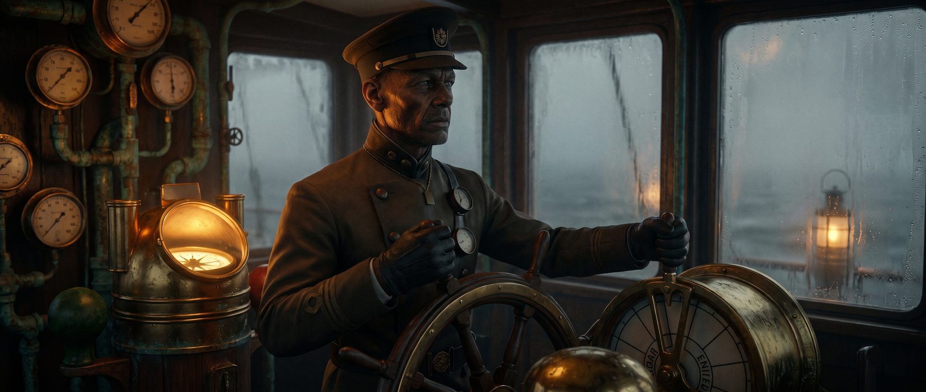 The Captain at a ship's wheel and telegraph on an open deck — the rejected frame.