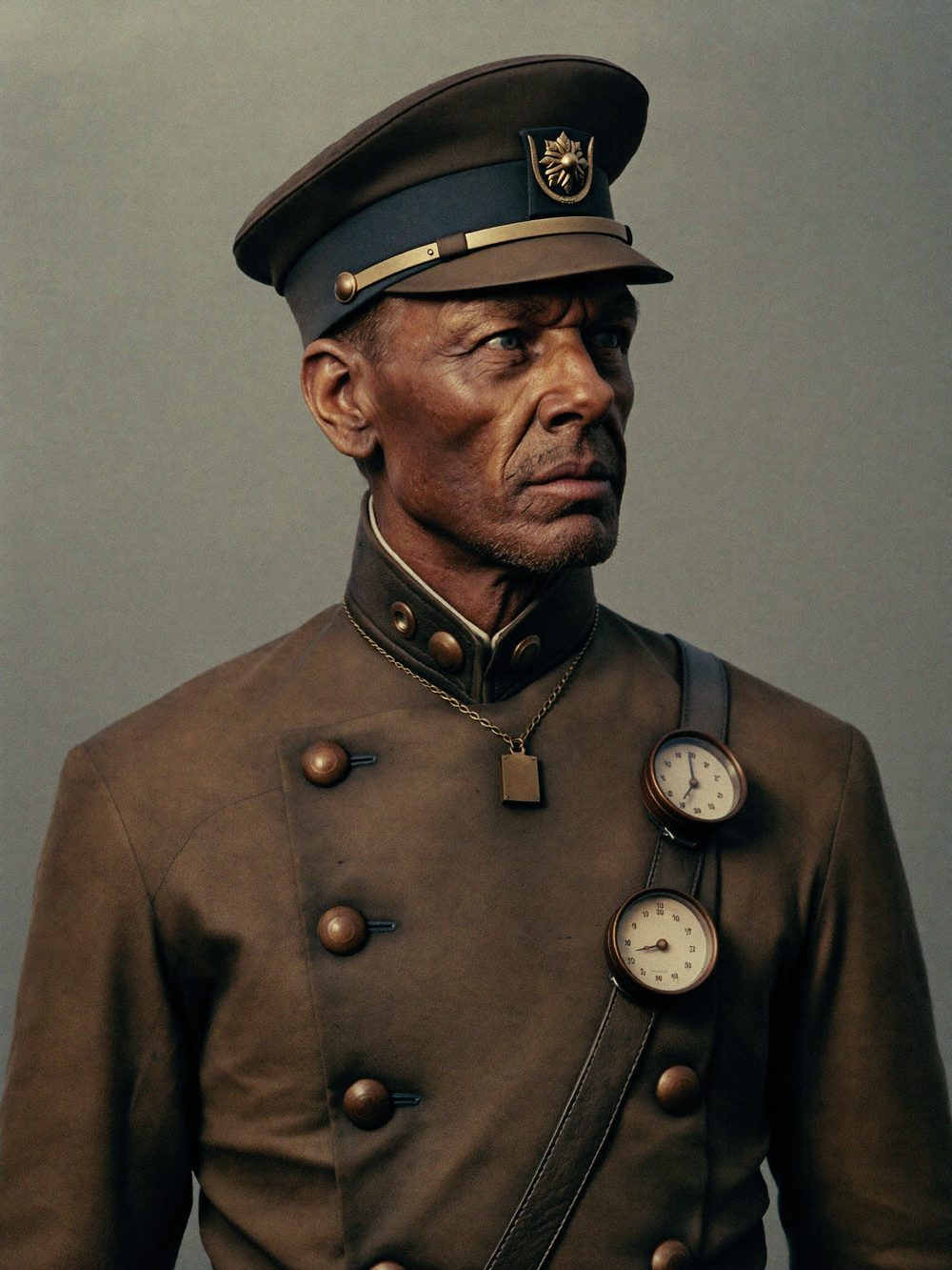 Character card: the Captain, weathered navy greatcoat with brass buttons and gauges, peaked cap.