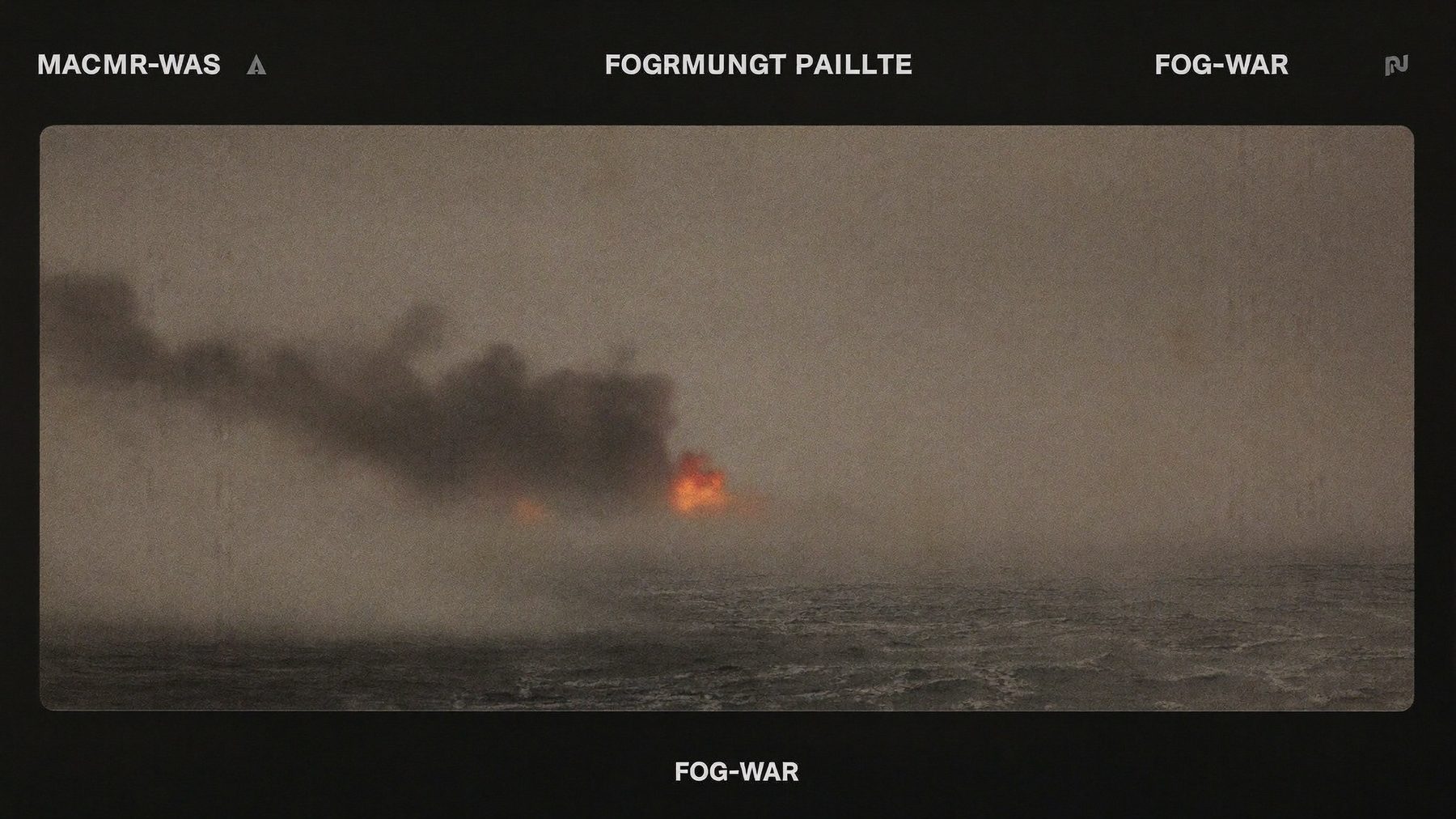 Dense gray sea fog lit from within by distant fire blooms — the cold grade reference.