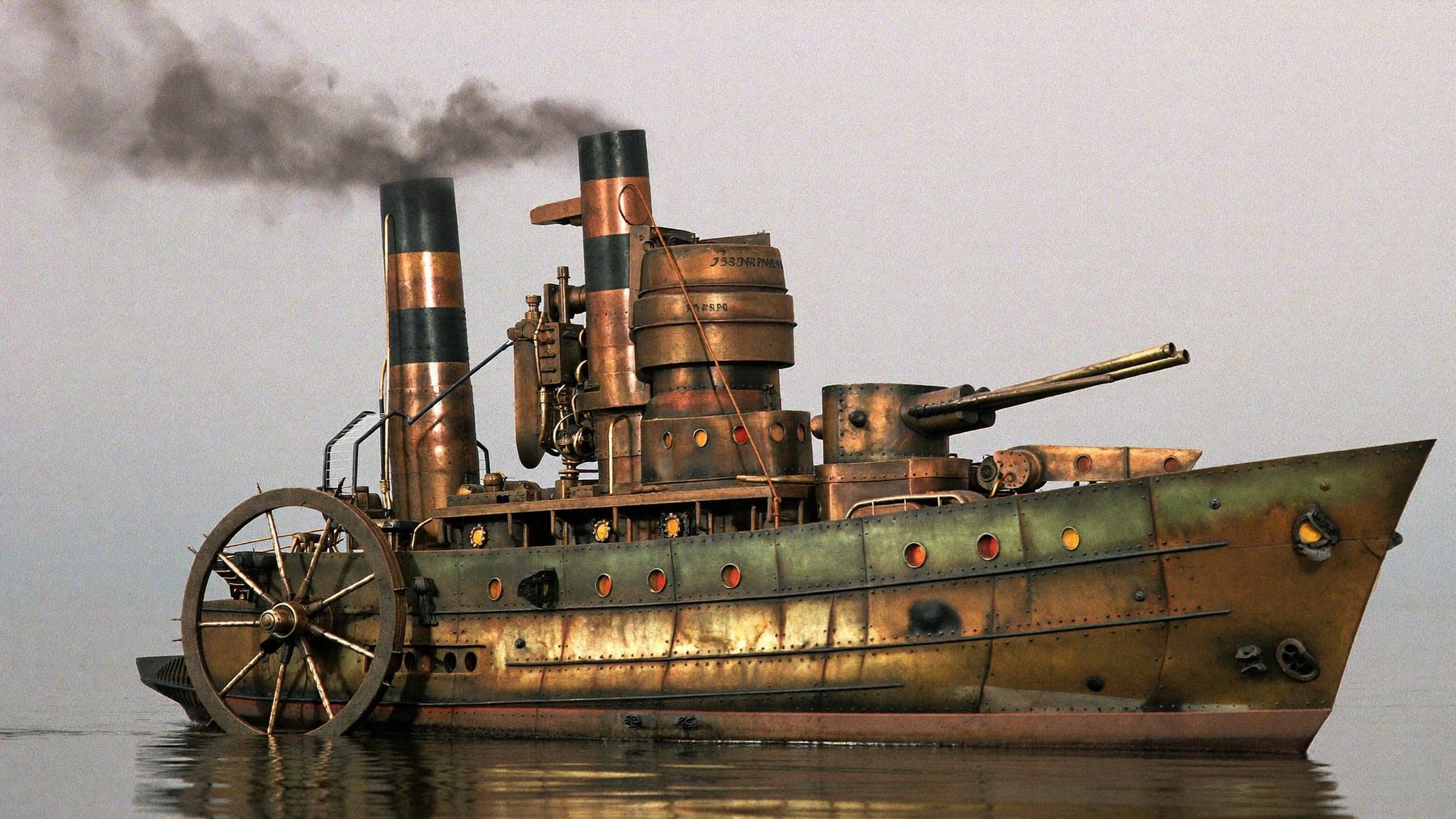 A brass ironclad warship in side profile on calm gray water.