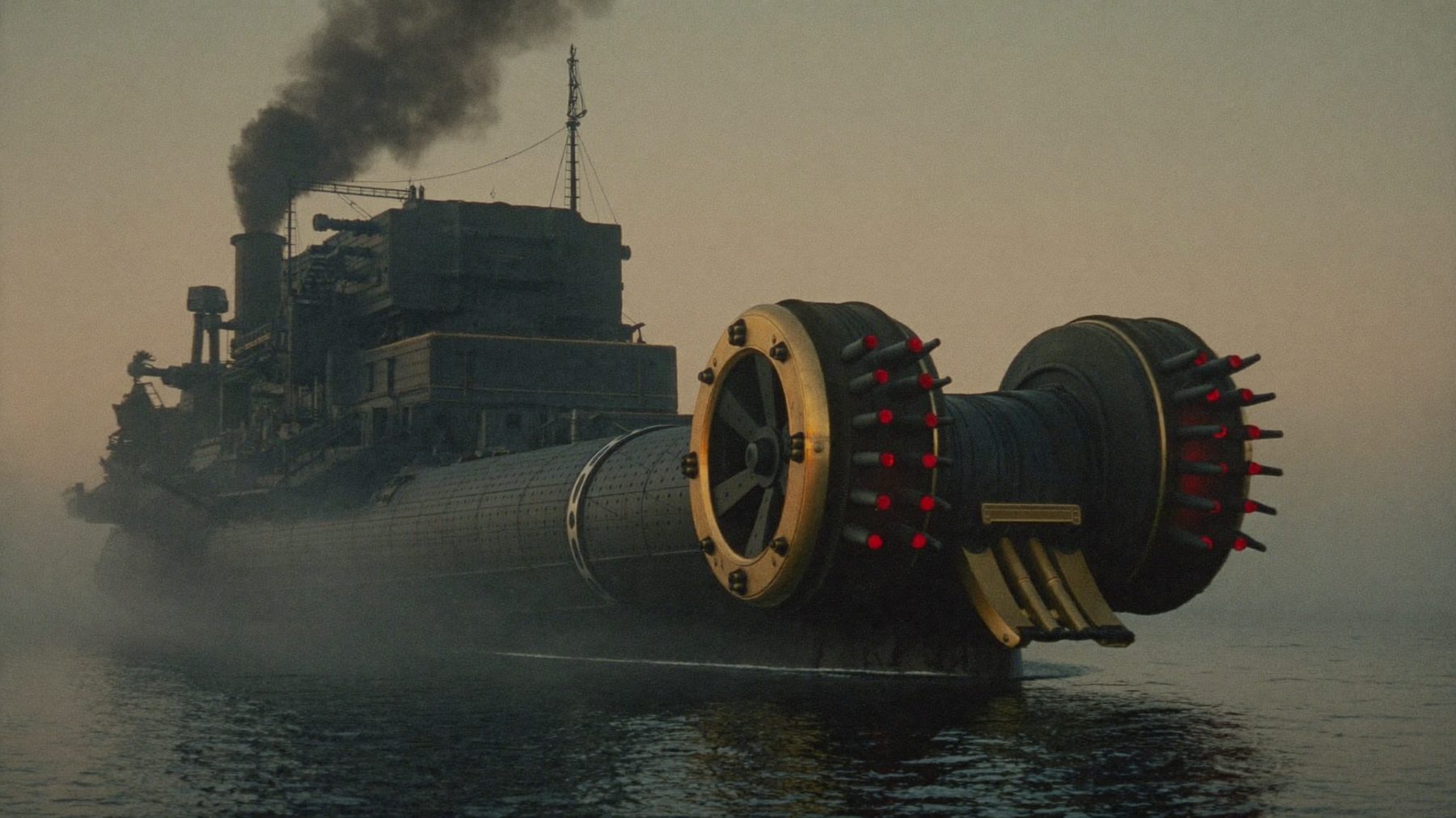 The leviathan war-machine emerging bow-first from a wall of sea fog, rows of red furnace glow.