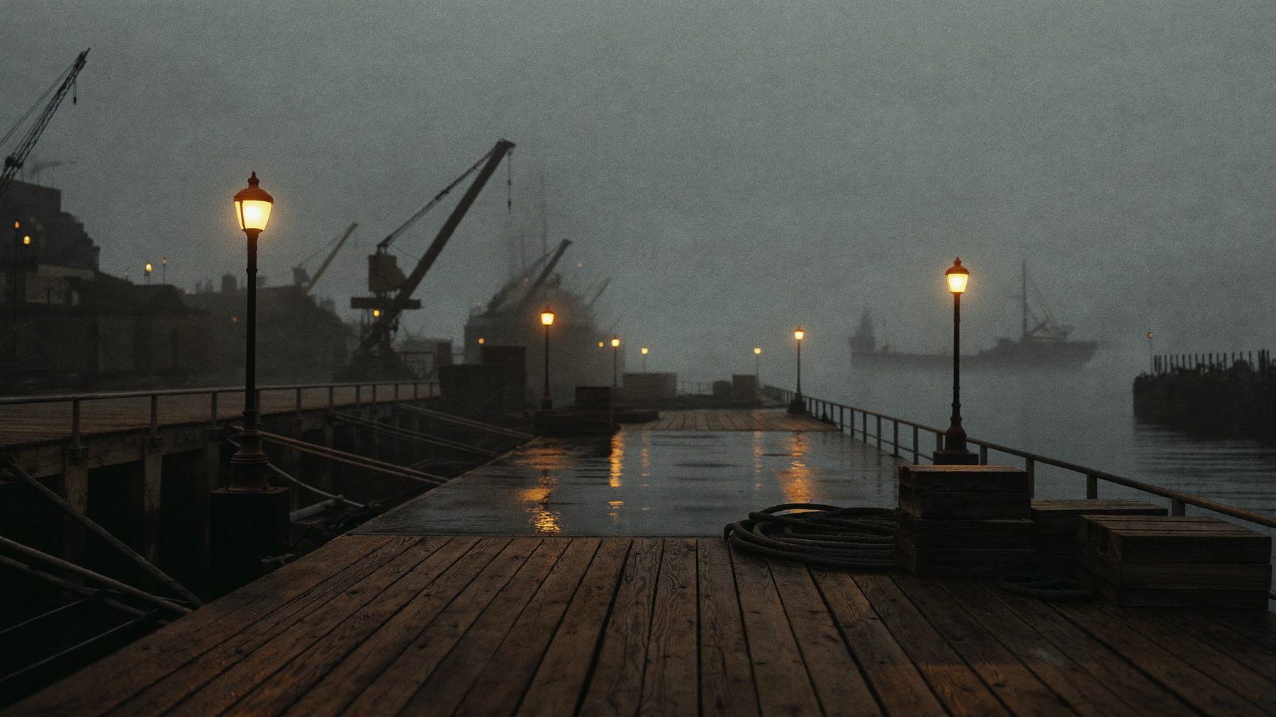 A weathered harbor dock at dusk with gas lamps just lit, cranes and masts in fog.
