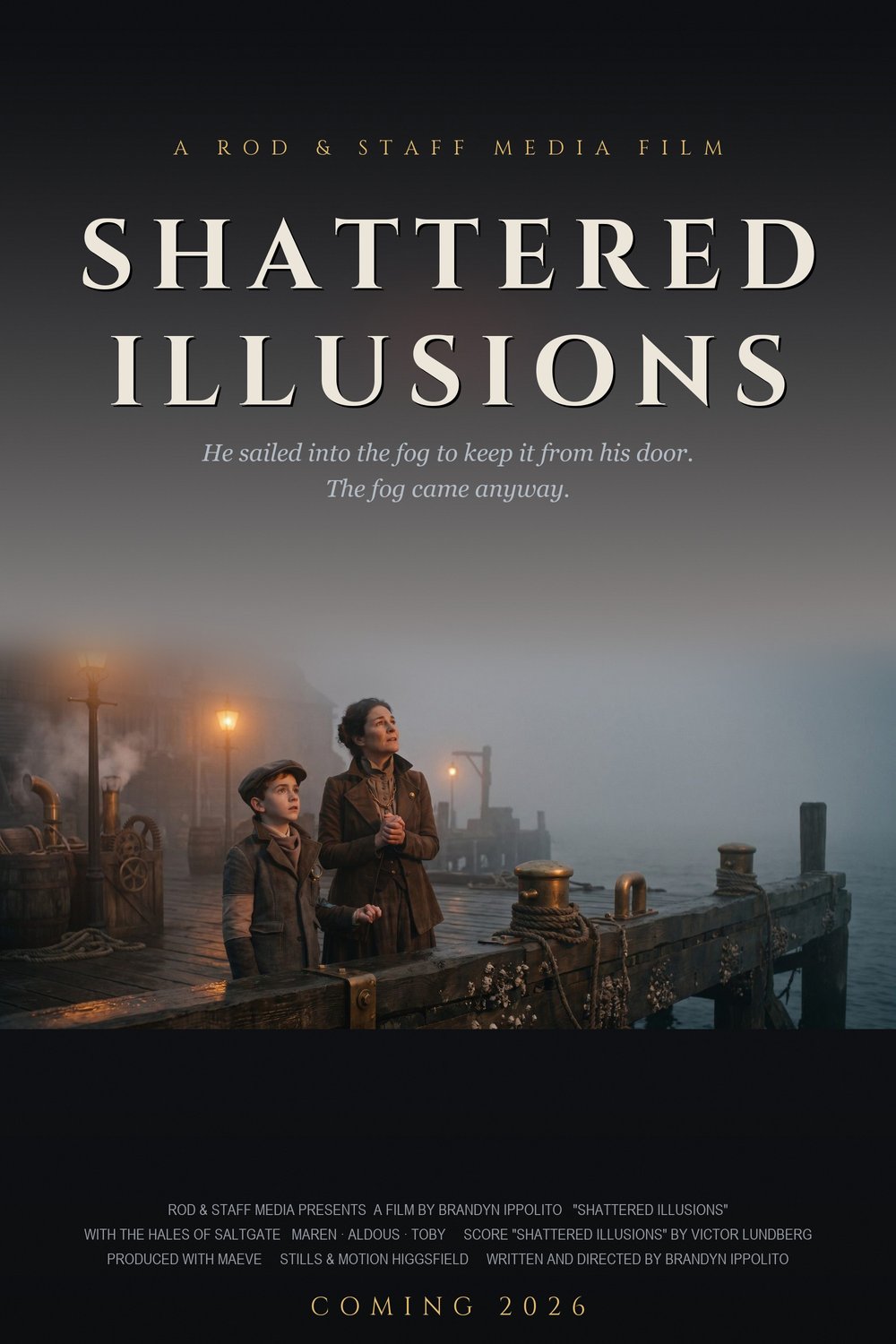 SHATTERED ILLUSIONS one-sheet poster: Maren and Toby Hale at a fog-wrapped dock beneath the title. He sailed into the fog to keep it from his door. The fog came anyway. Coming 2026.