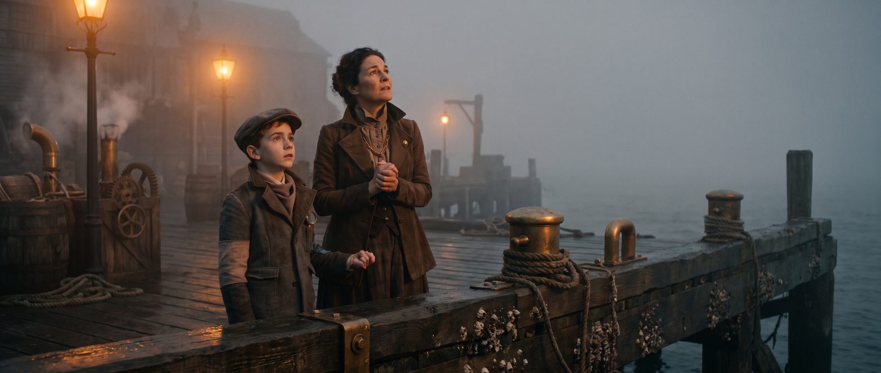 The woman and the boy at the fog-wrapped dock at the end of dusk, her hands clasped, both faces lifted toward the sea.
