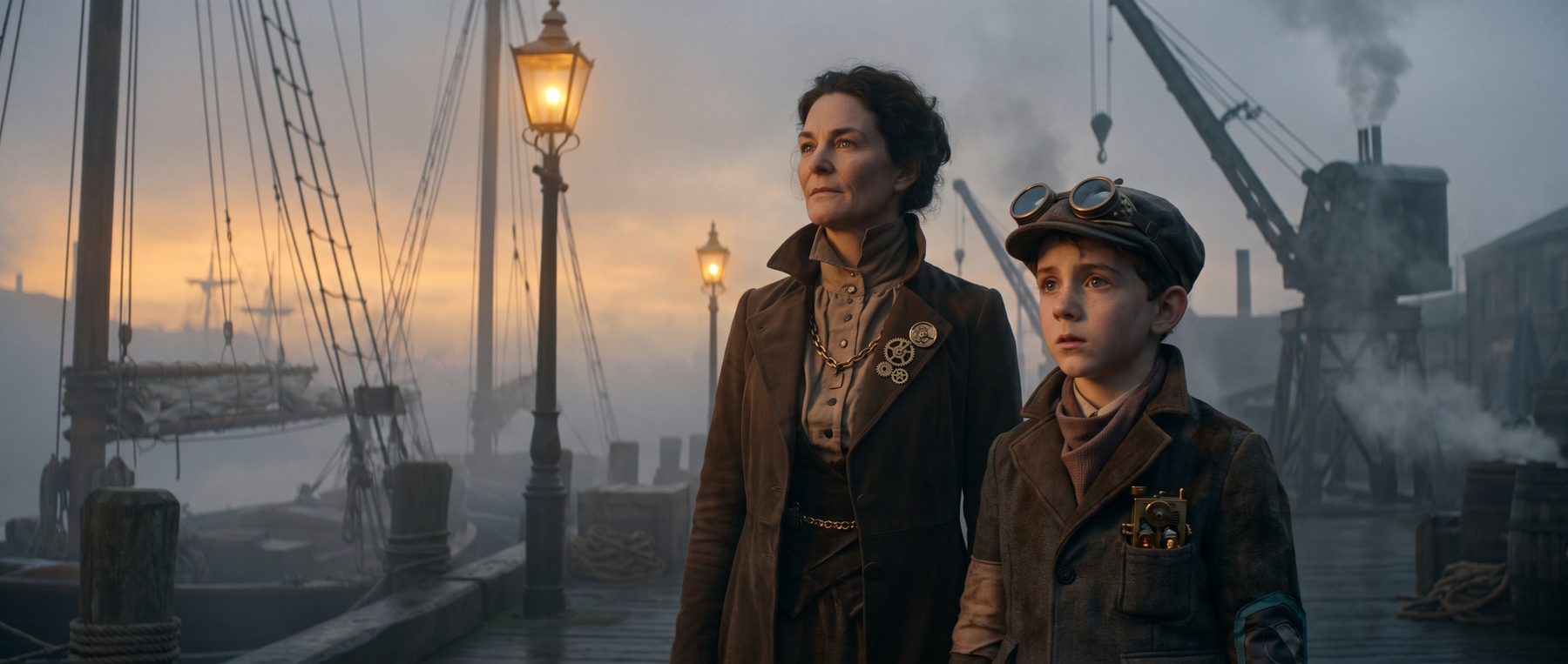 The Woman and the Boy together at the fog-wrapped dock at dying dusk — the first composed scene.